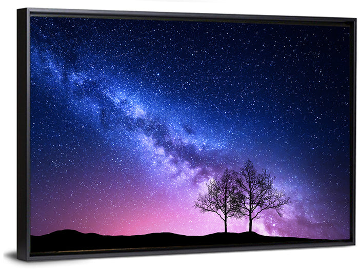 Milky Way Nebula Sky with Silhouetted Trees Wall Art as a framed canvas