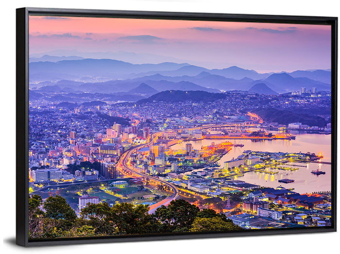 Sasebo Downtown Twilight Harbor Wall Art as a framed canvas