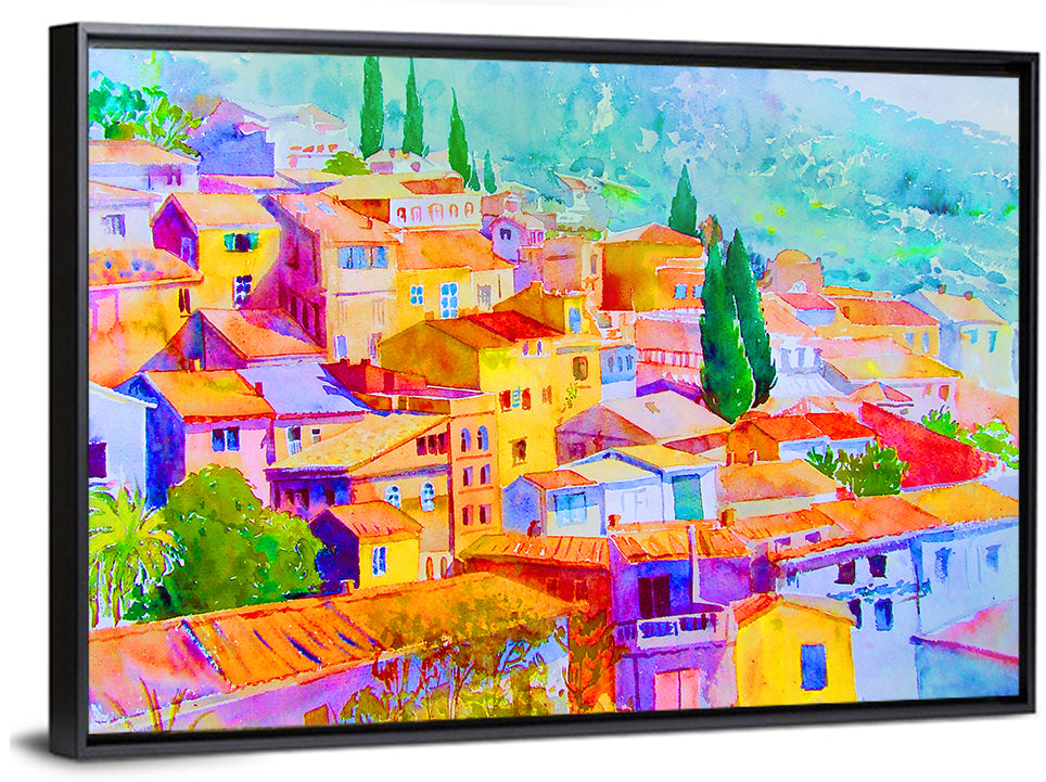 Mediterranean Hillside Watercolor Village Wall Art