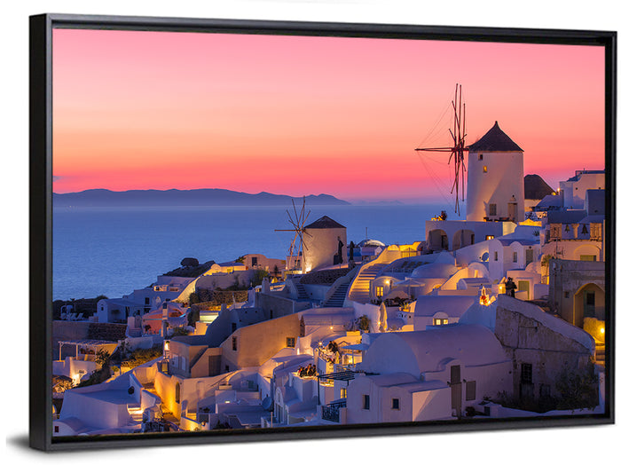 Oia Windmills at Dusk Wall Art as a framed canvas