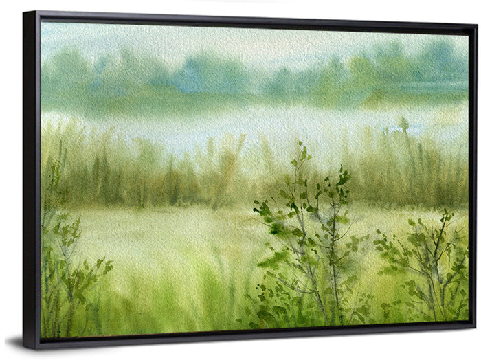 Misty River Meadow Watercolor Wall Art as a framed canvas