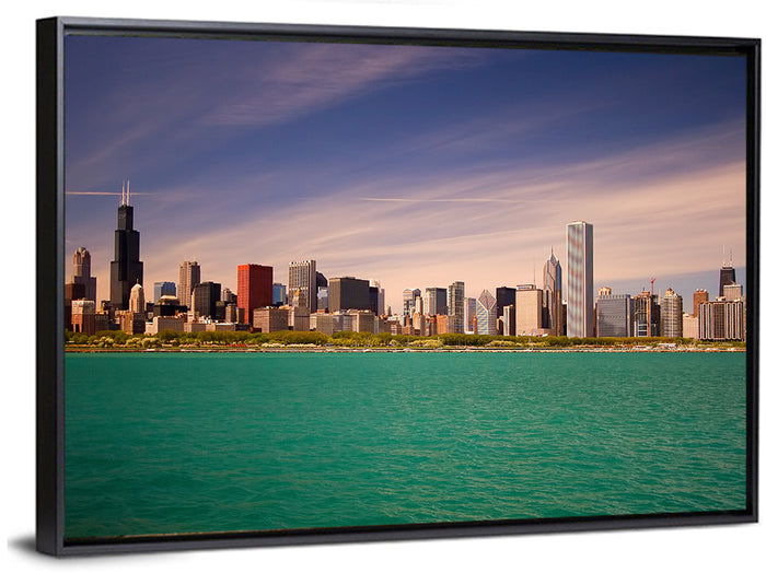 Chicago Skyline Above Lake Michigan Wall Art as a framed canvas