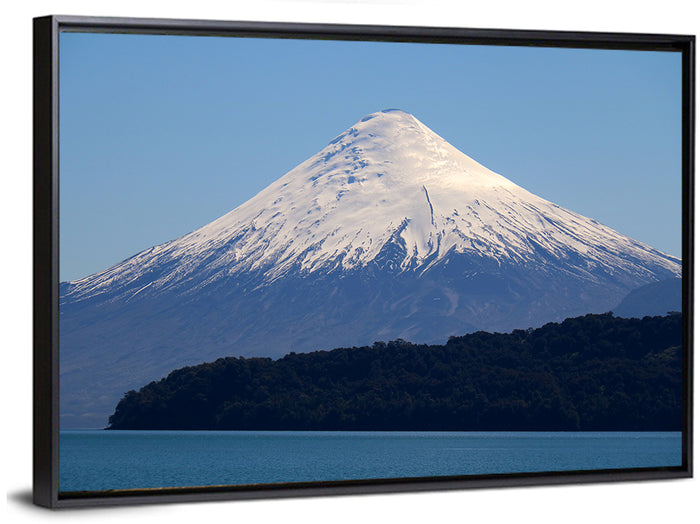 Snow-capped Osorno Volcano Over Lake Wall Art as a framed canvas