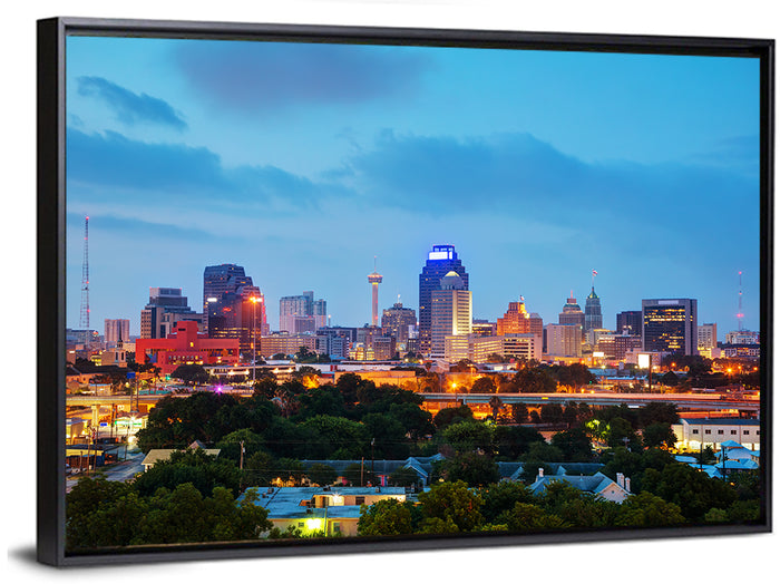 San Antonio Skyline at Dusk Wall Art as a framed canvas