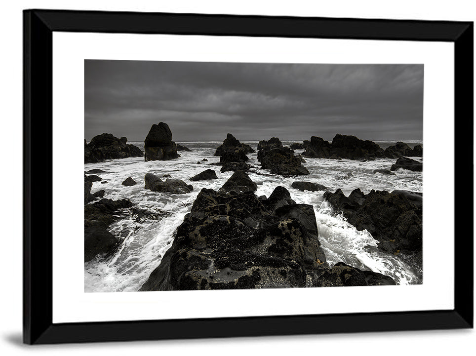 Moody Black and White Rocky Coast Waves Wall Art