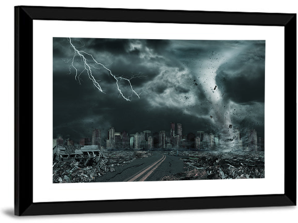 Tornado Over Destroyed City Skyline Wall Art