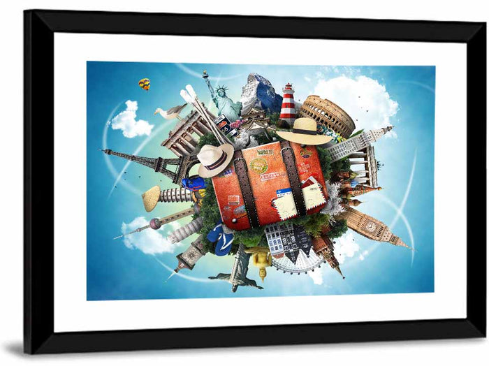 Suitcase and World Landmarks Montage Wall Art as a framed print