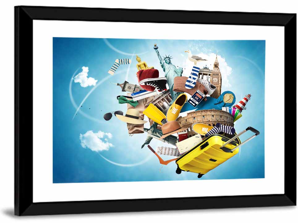 Floating Landmarks with Yellow Suitcase Wall Art