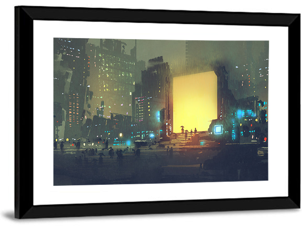 Rainy Night City with Glowing Portal Wall Art