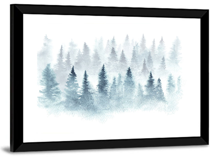 Misty Pine Forest Watercolor Wall Art as a framed print
