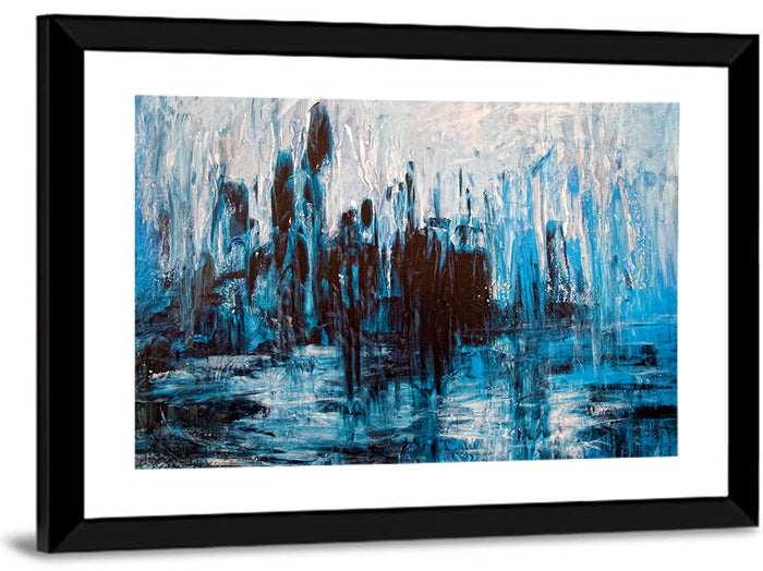 Rainy Abstract Skyline Reflection Wall Art as a framed print