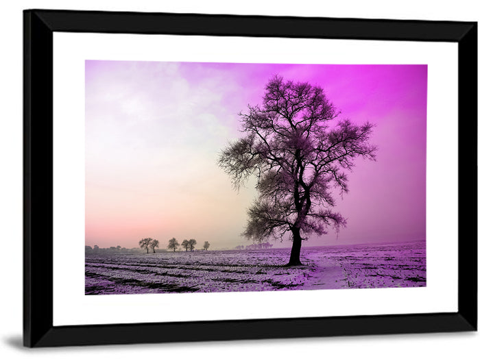 Violet Winter Dawn Tree Wall Art as a framed print