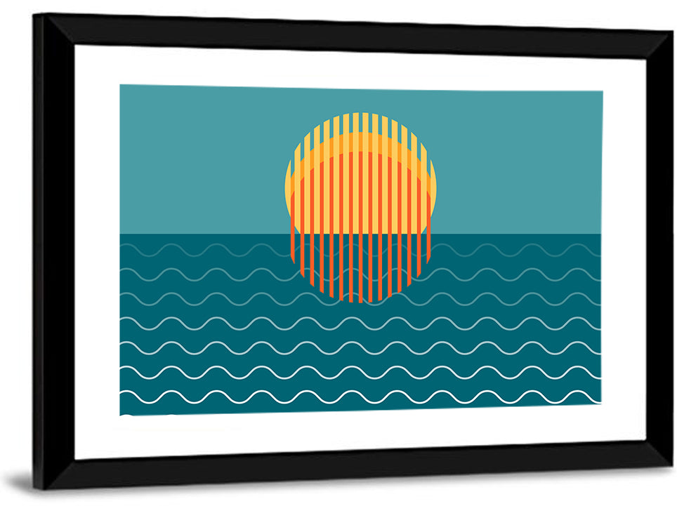 Teal Ocean Sunset Illustration Wall Art