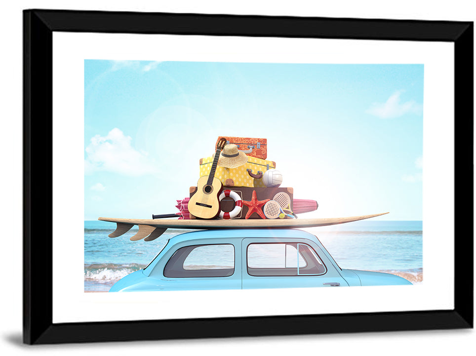 Vintage Car with Surfboard Wall Art