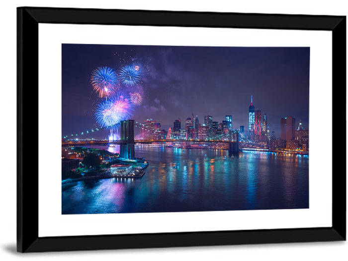 Fireworks Over Brooklyn Bridge Wall Art as a framed print