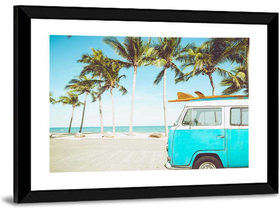 Vintage Vw Bus on Tropical Beach Wall Art