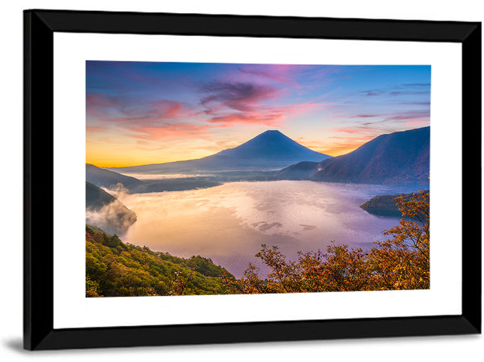Mount Fuji at Lake Motosu, Autumn Sunrise Wall Art as a framed print