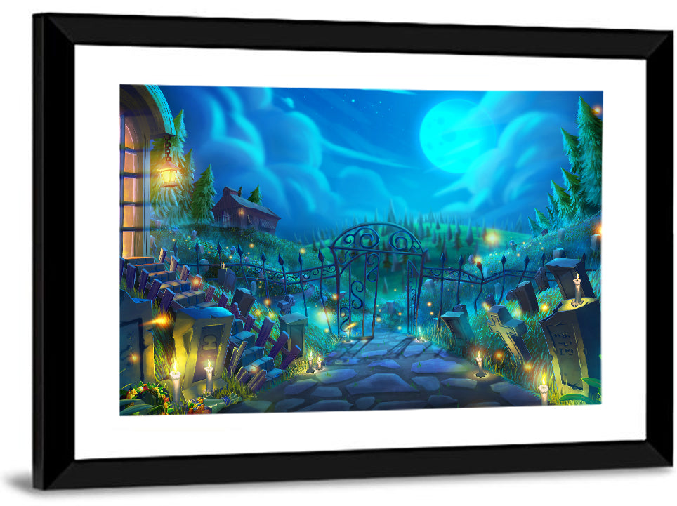 Halloween Cemetery Gate Illustration Wall Art
