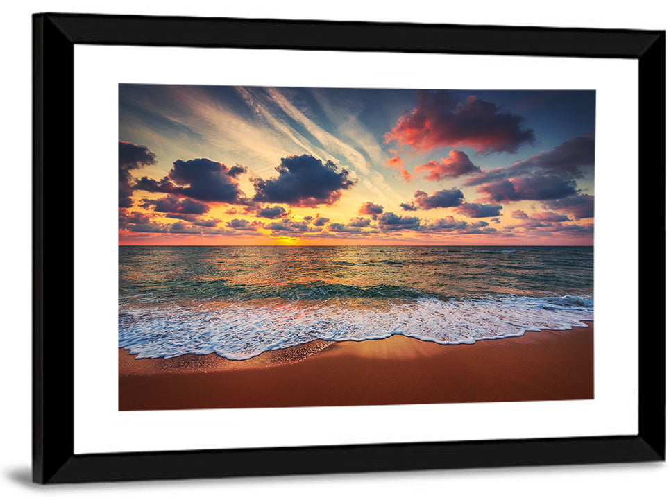 Golden Hour Beach Waves Under Cloudy Sky Wall Art