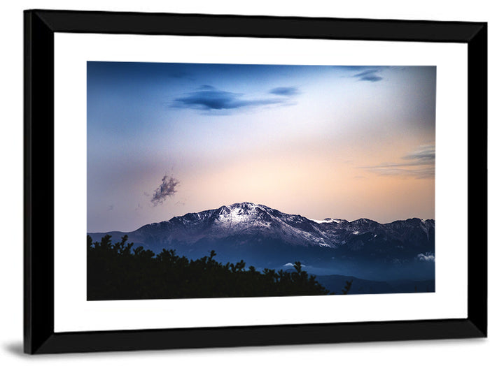 Snow-capped Pikes Peak at Dusk Wall Art as a framed print