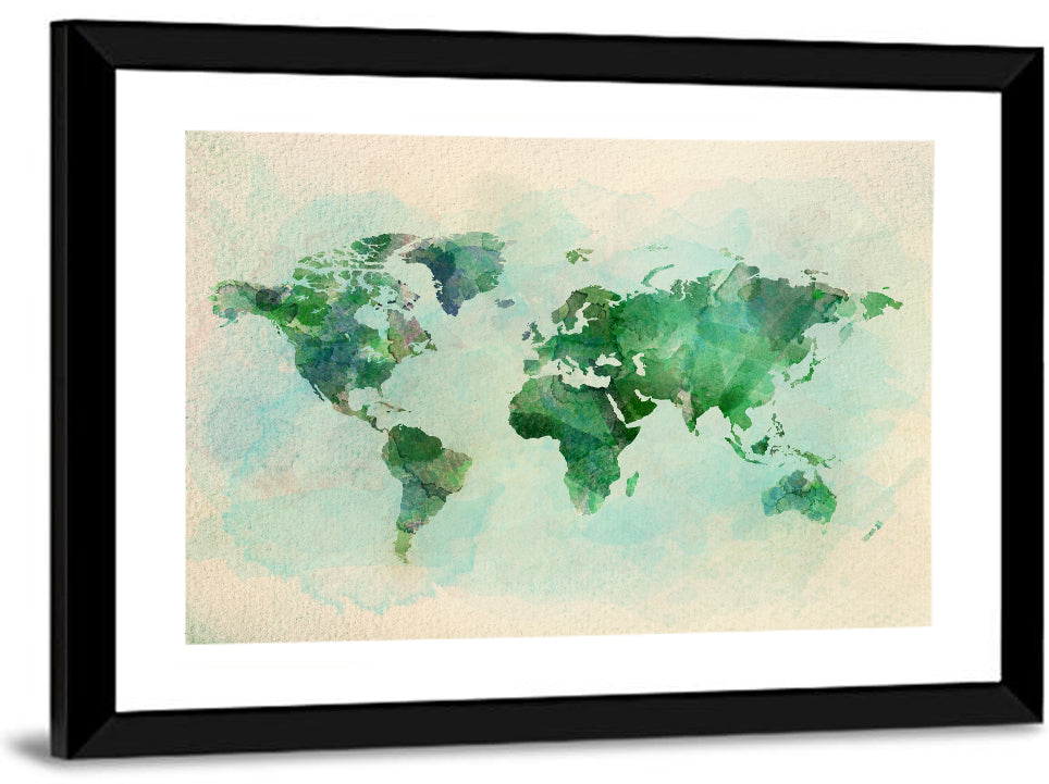 Green Watercolor World Map Wall Art