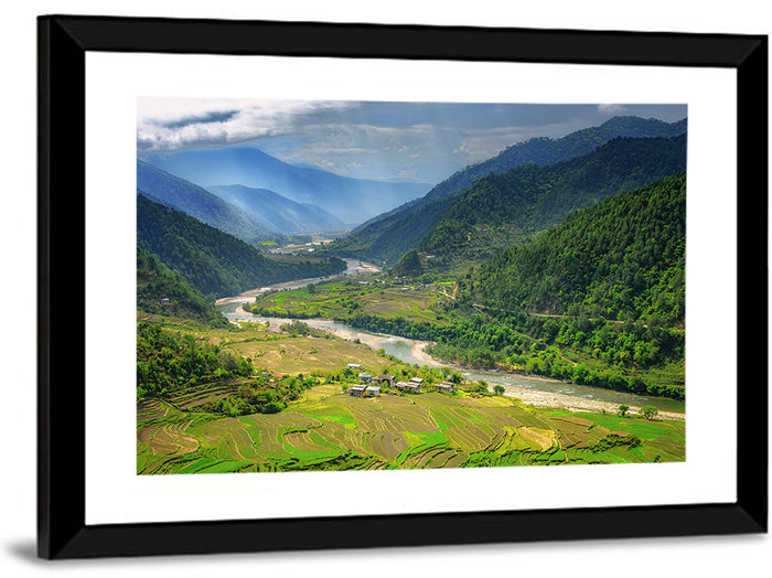 Punakha River Valley with Terraced Rice Fields Wall Art as a framed print