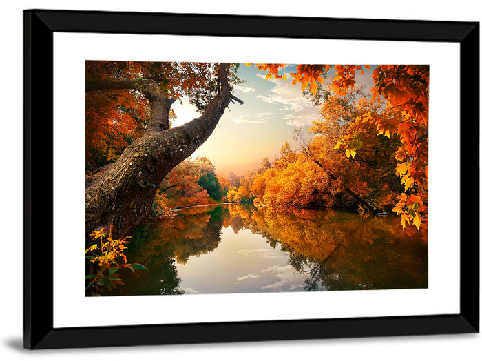 Golden Autumn River Reflections Wall Art as a framed print