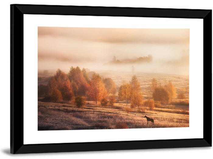 Autumn Morning Horse Silhouette Wall Art as a framed print