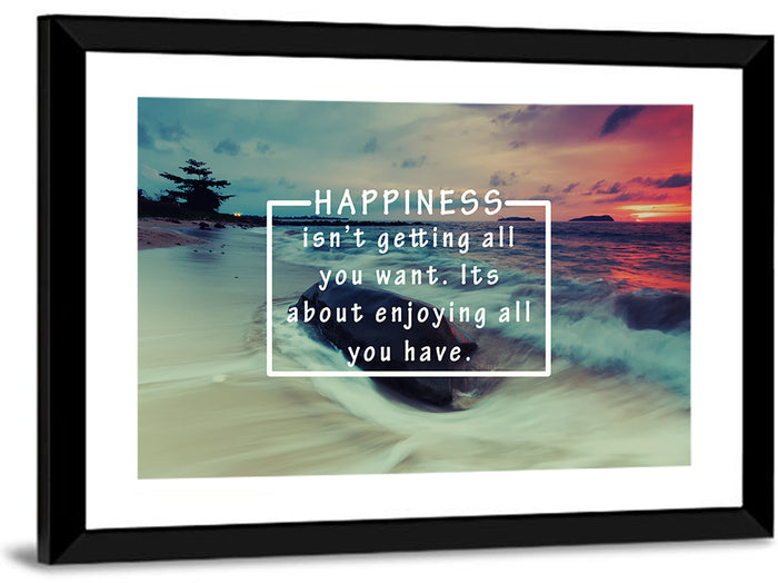 Happiness Quote on Sunset Beach Wall Art as a framed print