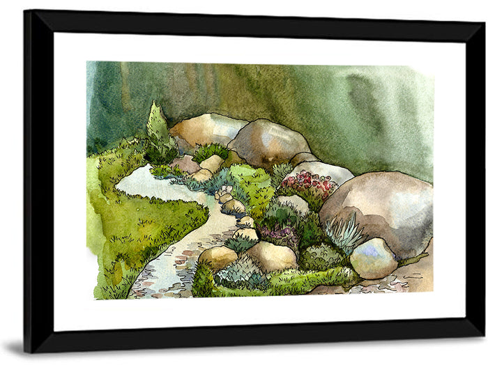 Watercolor Rock Garden Stream Wall Art as a framed print