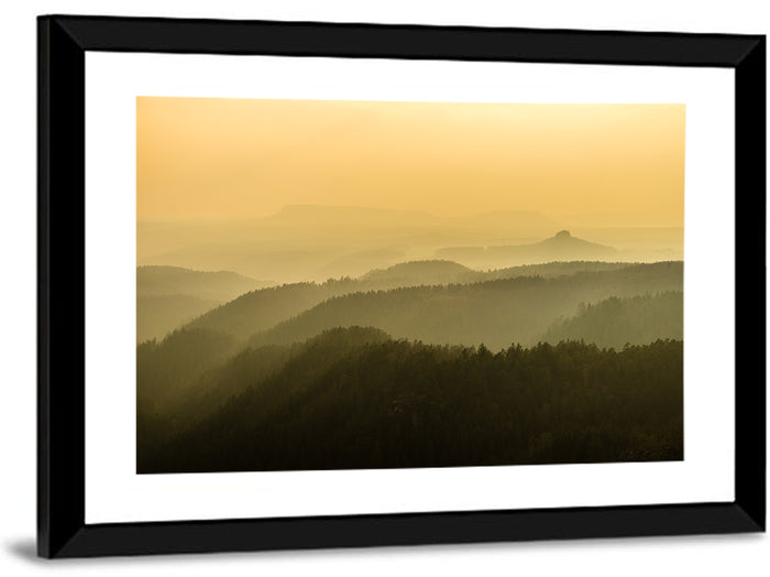 Misty Golden Ridge Landscape Wall Art as a framed print