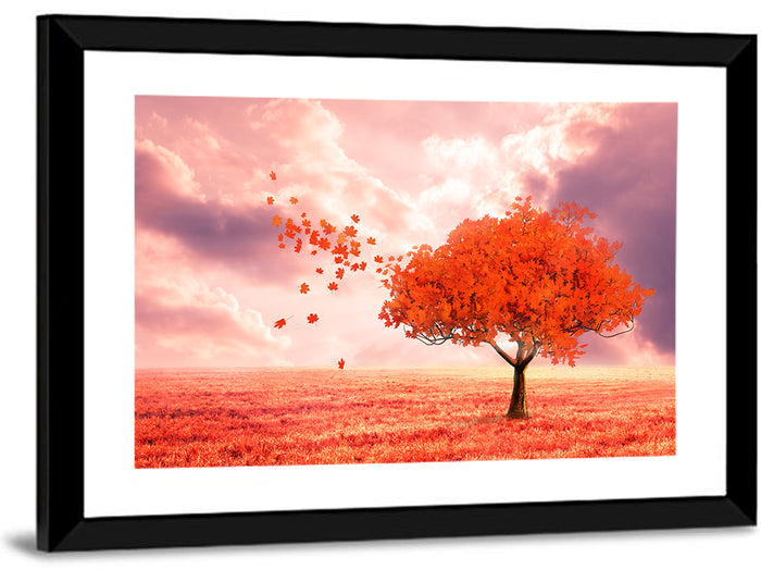 Windblown Red Autumn Tree Wall Art as a framed print