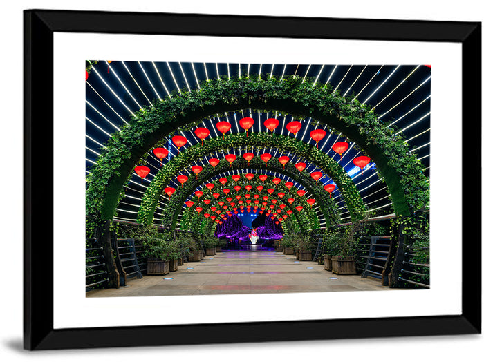 Red Lantern Trellis Tunnel Wall Art as a framed print