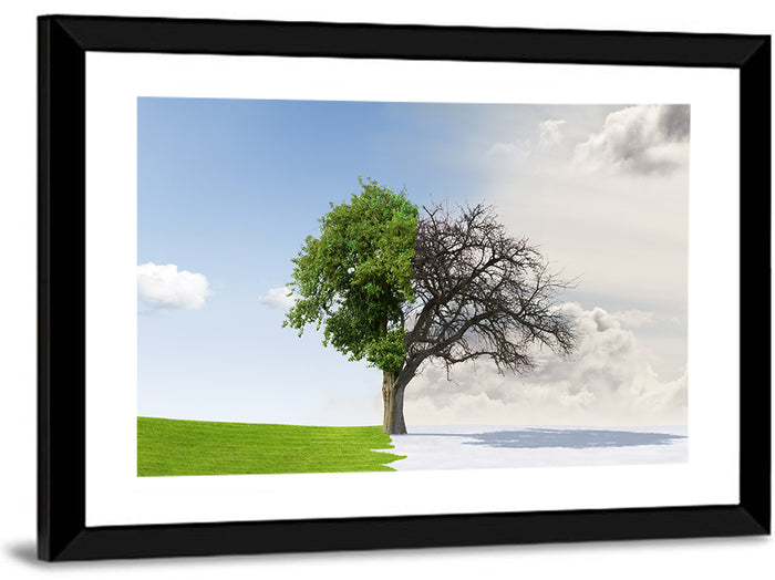 Summer to Winter Split Tree Wall Art as a framed print