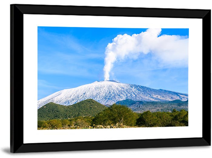 Snow-capped Mount Etna with Volcanic Plume Wall Art as a framed print