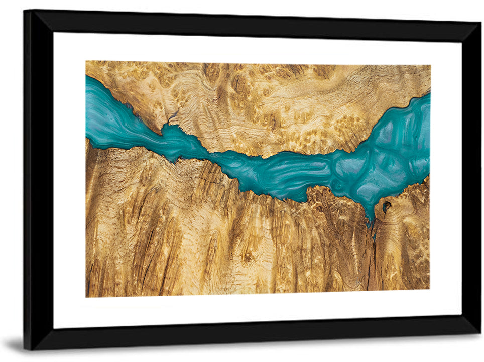 Burled Wood River with Teal Resin Wall Art