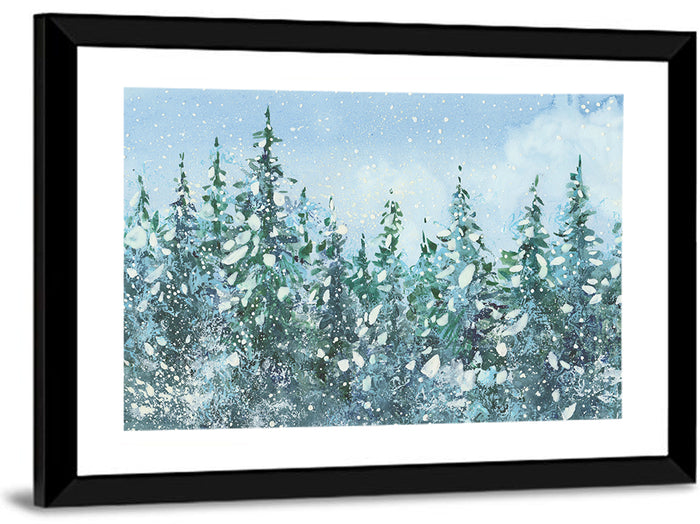 Snowy Spruce Forest Wall Art as a framed print