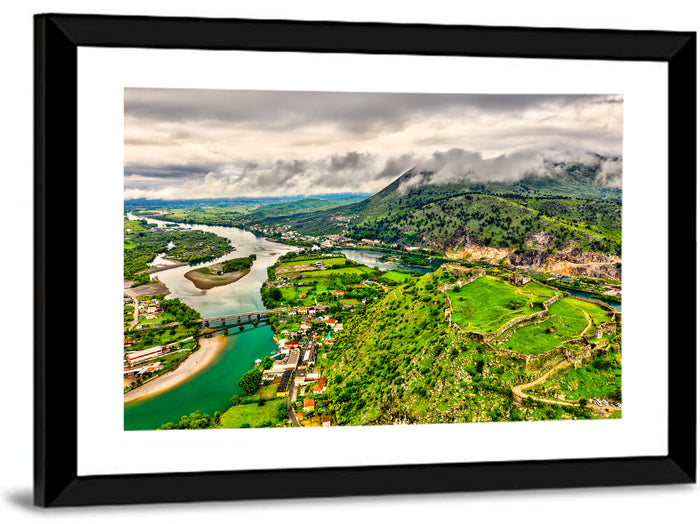 Rozafa Castle River Valley View Wall Art as a framed print