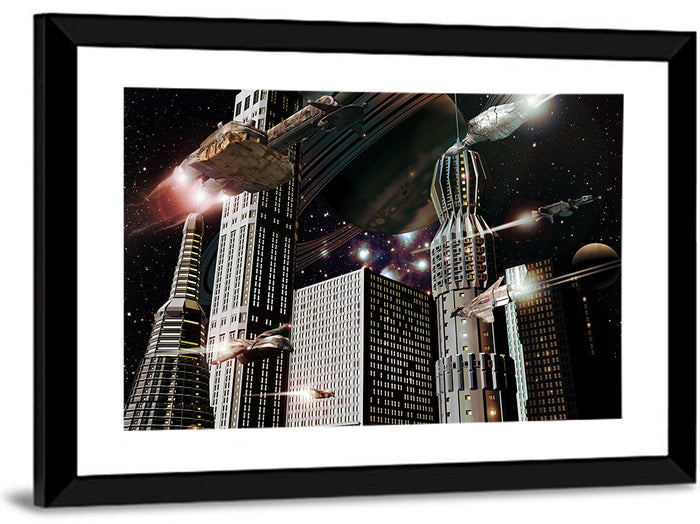 Ringed Planet Cityscape Wall Art as a framed print