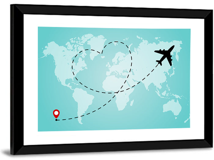 Heart Flight Map Wall Art as a framed print