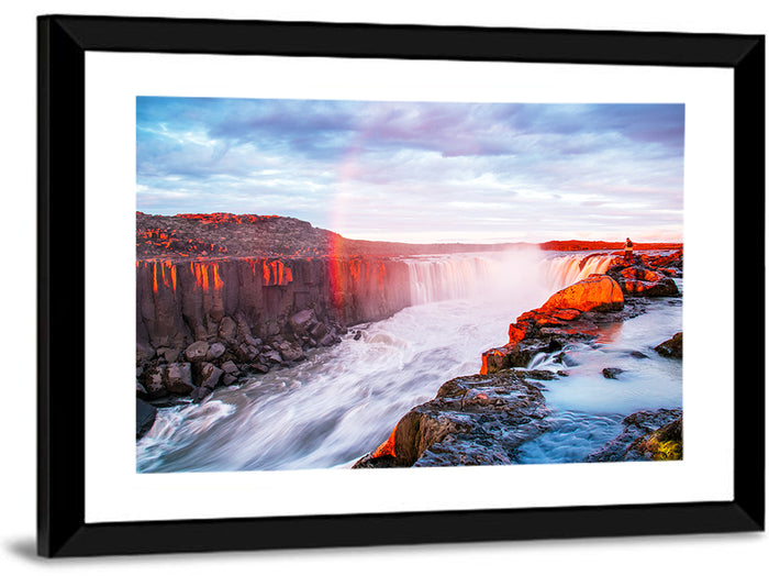 Golden Hour Selfoss Falls Rainbow Wall Art as a framed print