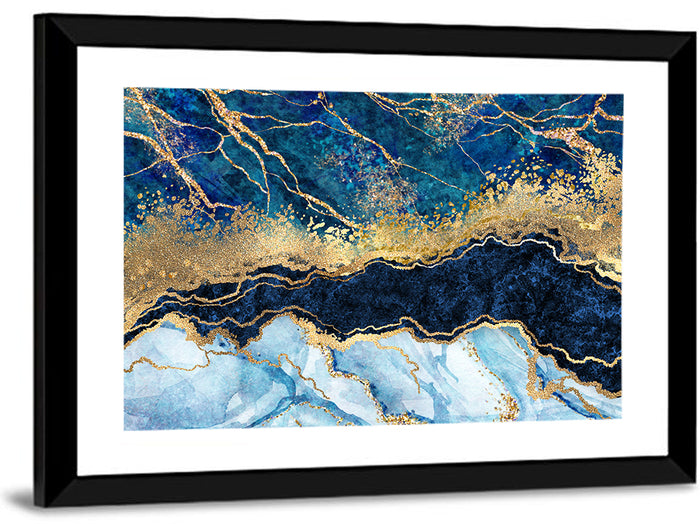 Navy Blue Marble with Gold Veins Wall Art as a framed print