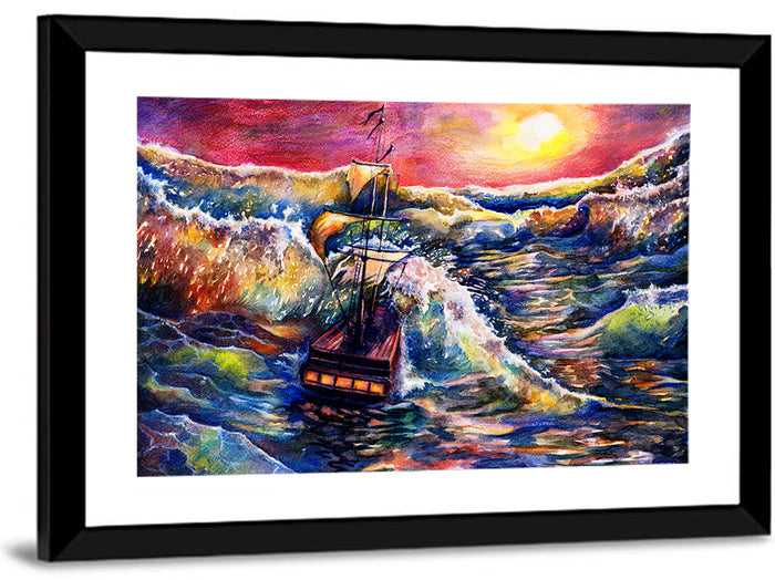 Stormy Sunset Sailing Ship Wall Art as a framed print