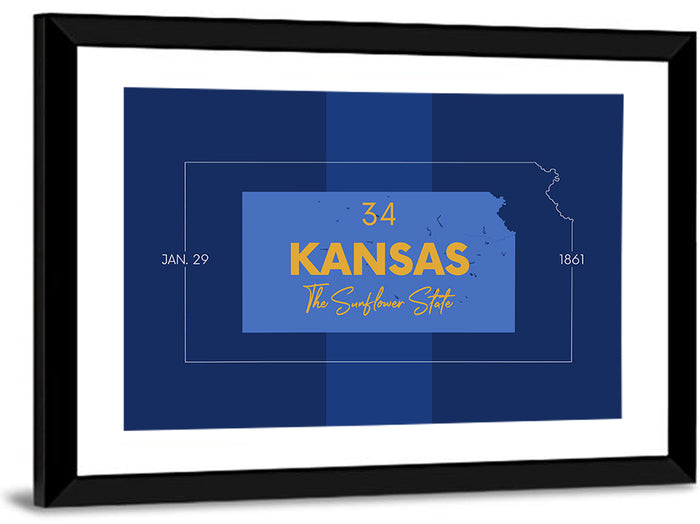 Kansas Typographic Map, Blue and Gold Wall Art as a framed print