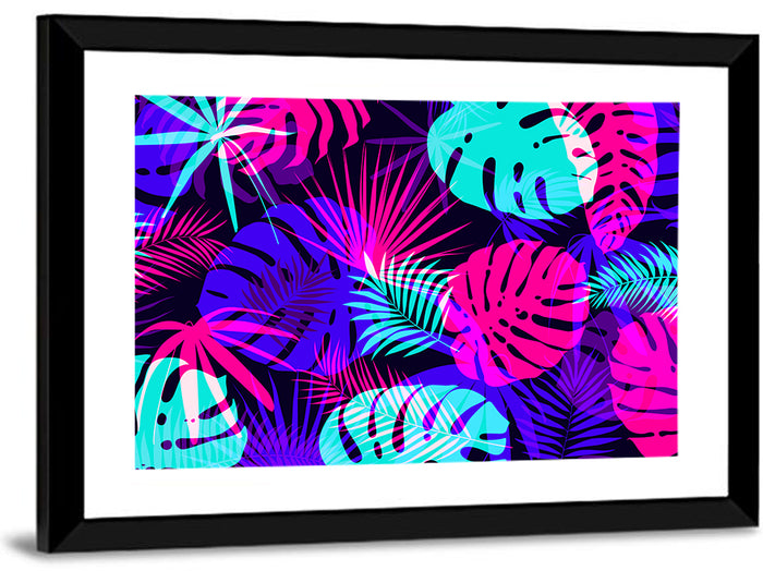 Neon Tropical Leaves Wall Art as a framed print