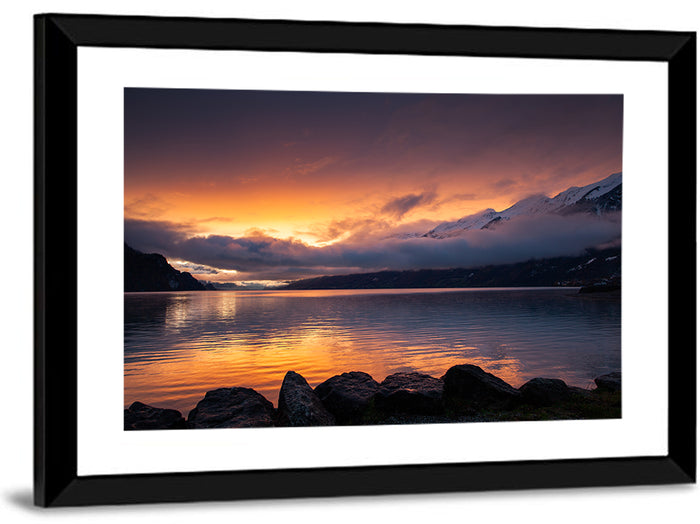 Lake Brienz Golden Dusk Wall Art as a framed print