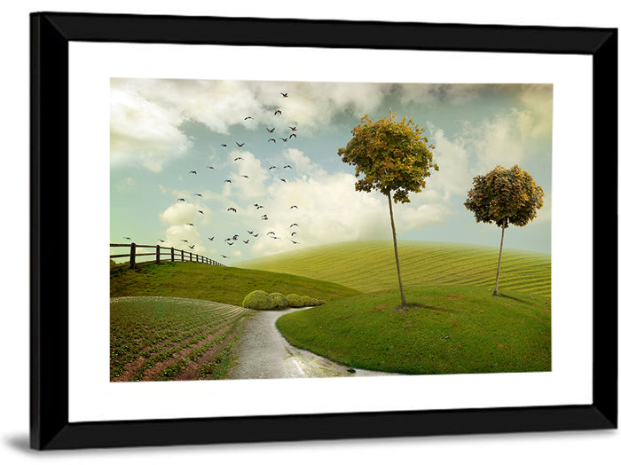 Serene Green Hills Pathscape Wall Art as a framed print
