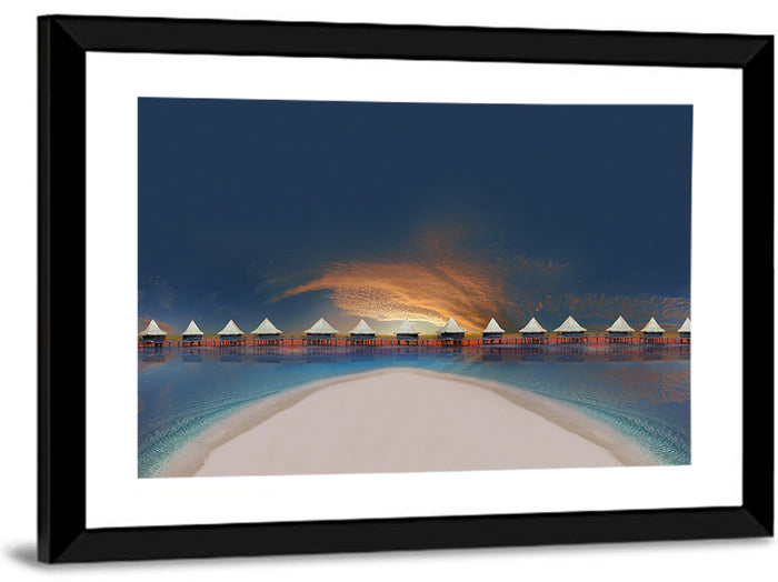 Overwater Bungalows at Golden Dusk Wall Art as a framed print