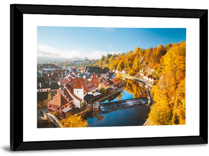 Český Krumlov River Weir in Autumn Wall Art as a framed print