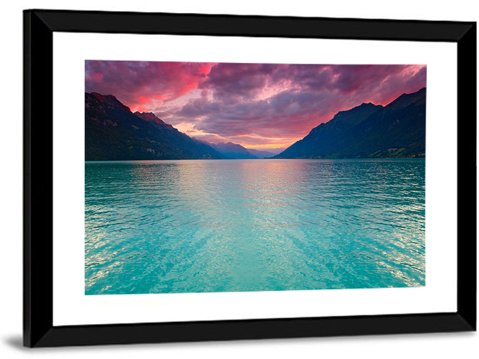 Lake Brienz Teal Sunset Wall Art as a framed print
